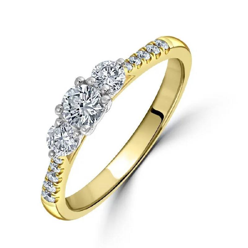 18ct Yellow Gold Round Brilliant Cut Diamond Trilogy Ring with Diamond Shoulders