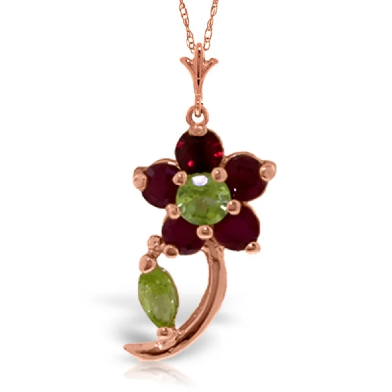 Topaz necklaces-0.87 Carat 14K Rose Gold Flower Stem Ruby Peridot Necklace