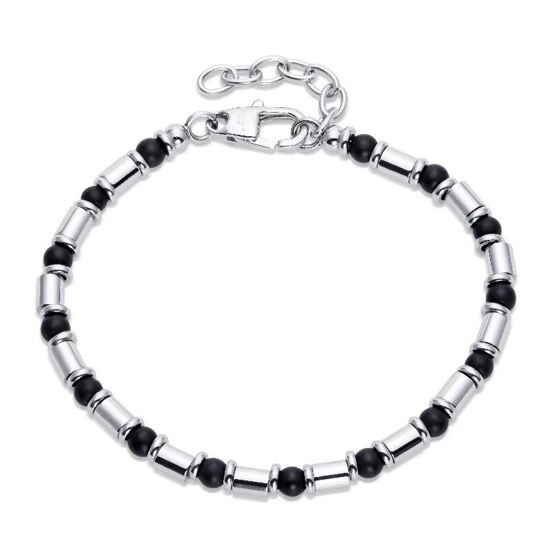 Unique & Co Matte Black Beads and Steel Barrels Bracelet