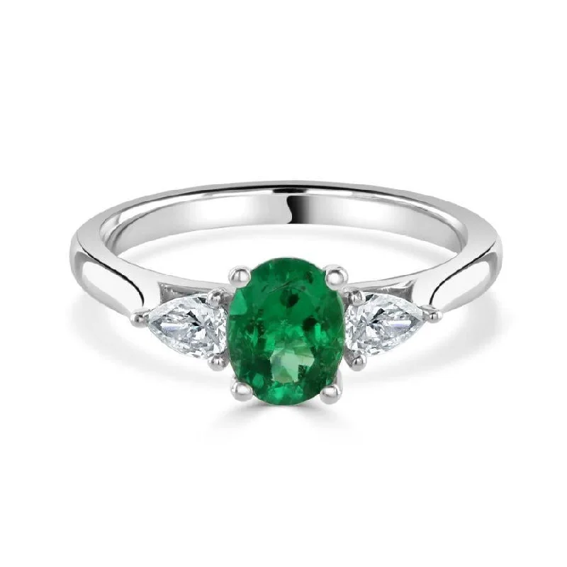 Platinum Oval Cut Emerald & Pear Cut Diamond Trilogy Ring