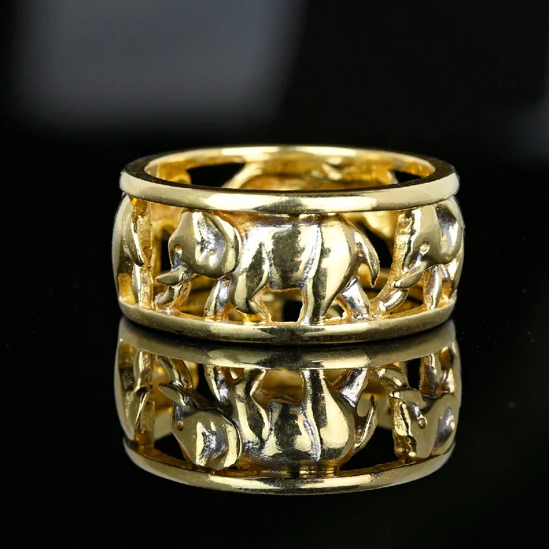 Fluid design rings-Fluid design rings-Vintage Wide 14K Gold Cutout Elephant Ring Band