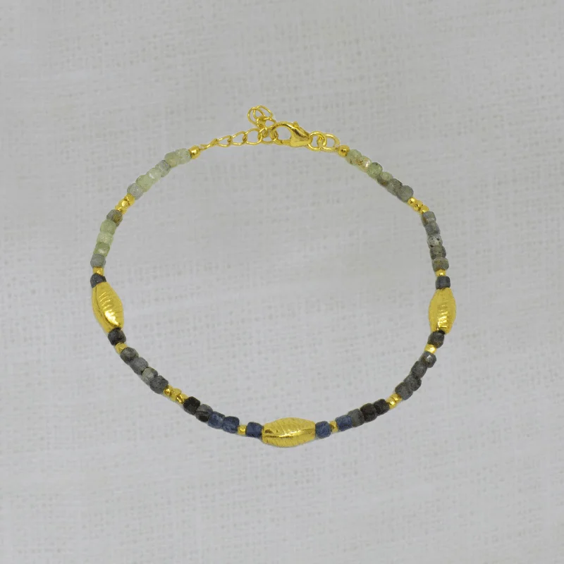 Gold and Blue Sapphire Textured Bead Bracelet