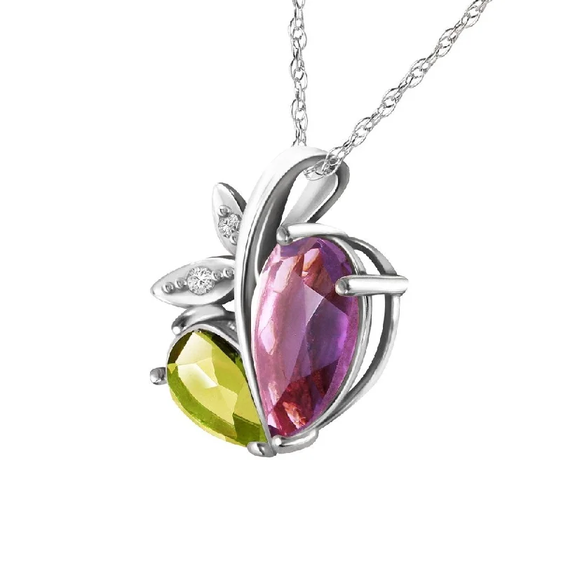 Nine-strand necklaces-14K Solid White Gold Modern Heart Necklace Combination of Amethyst, Peridot & Diamond