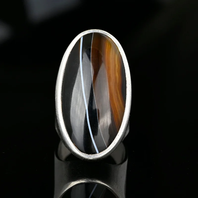 Wide band rings-Wide band rings-Huge Vintage Scottish Black Banded Agate Ring in Silver