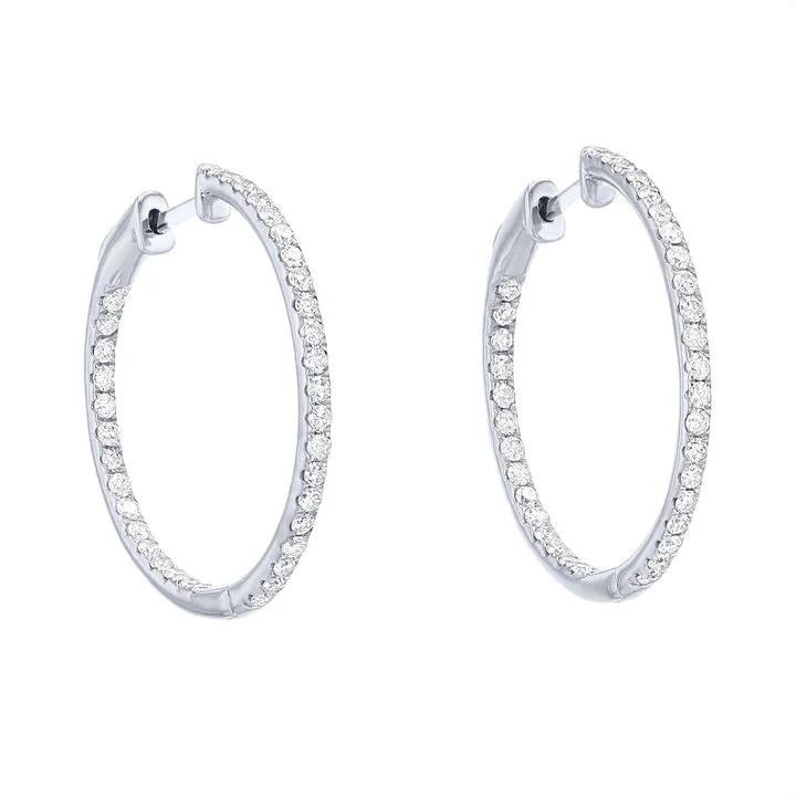 Pure stone earrings-14K White Gold Diamond Hoop Earrings