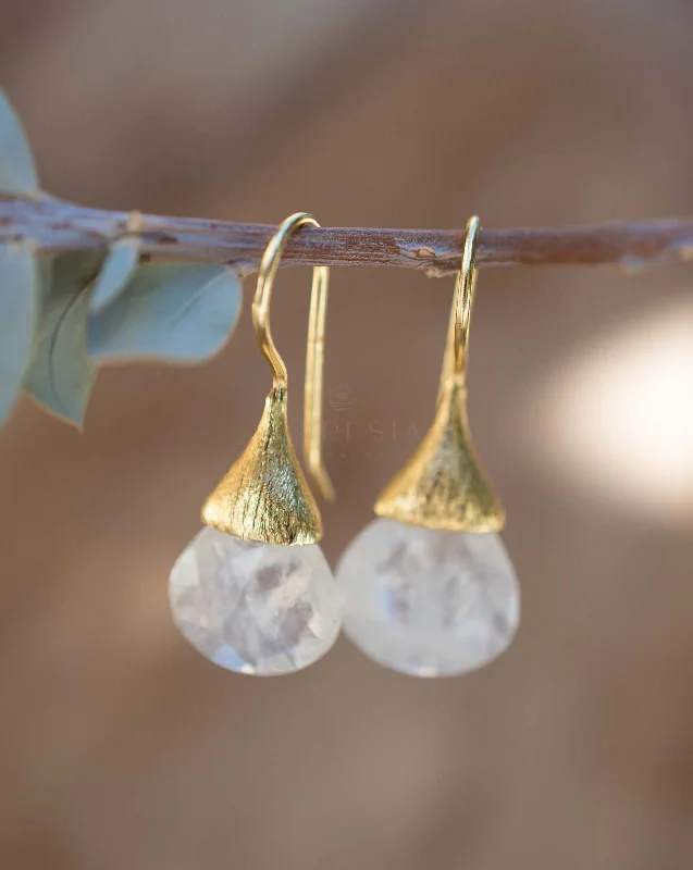 Fluid art earrings-Moonstone Tear Drop Earrings ~ Gold Plated ~ ME225