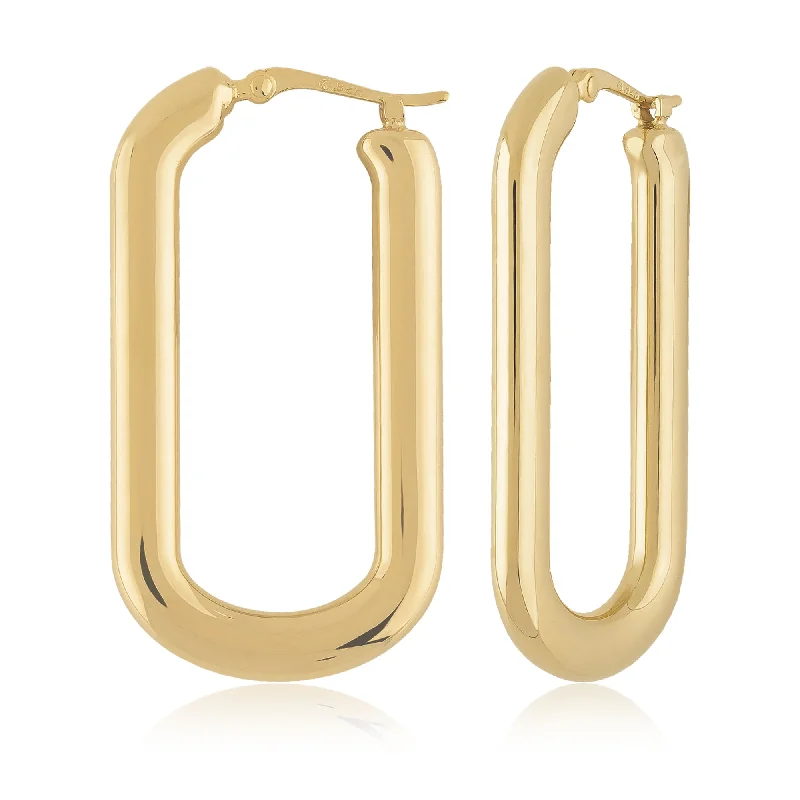 Wanderer feather earrings-14k yellow gold long flat oval hoop earrings