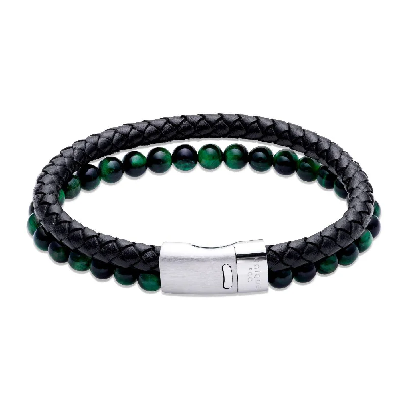 Unique & Co Black Leather Bracelet with Green Tiger's Eye