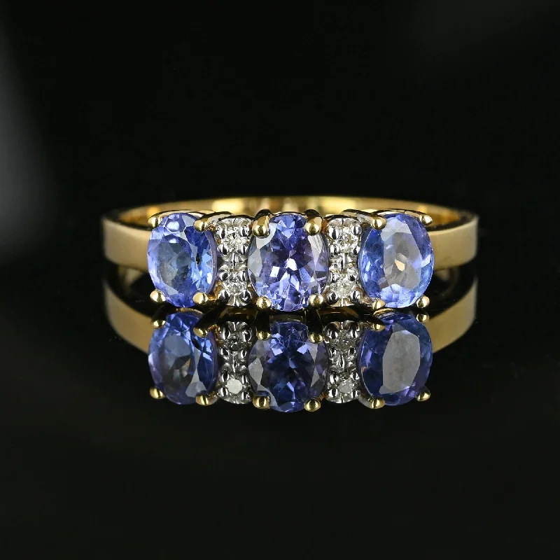 Bamboo style rings-Bamboo style rings-Vintage 14K Gold Three Stone Diamond Tanzanite Ring