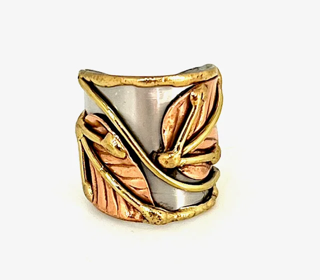 Tight clasp rings-Tight clasp rings-Multi Metal Adjustable Artisan Ring - Leaves