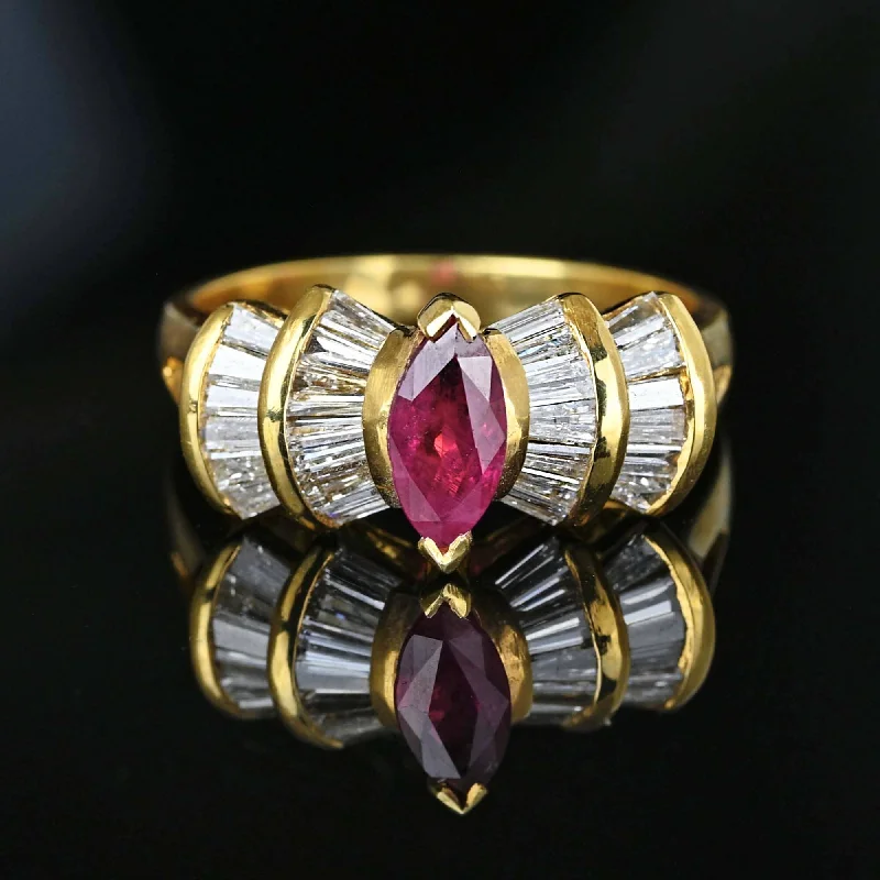 Small flower rings-Small flower rings-Estate 1.5 Carat Baguette Diamond Ruby Cocktail Ring in Gold