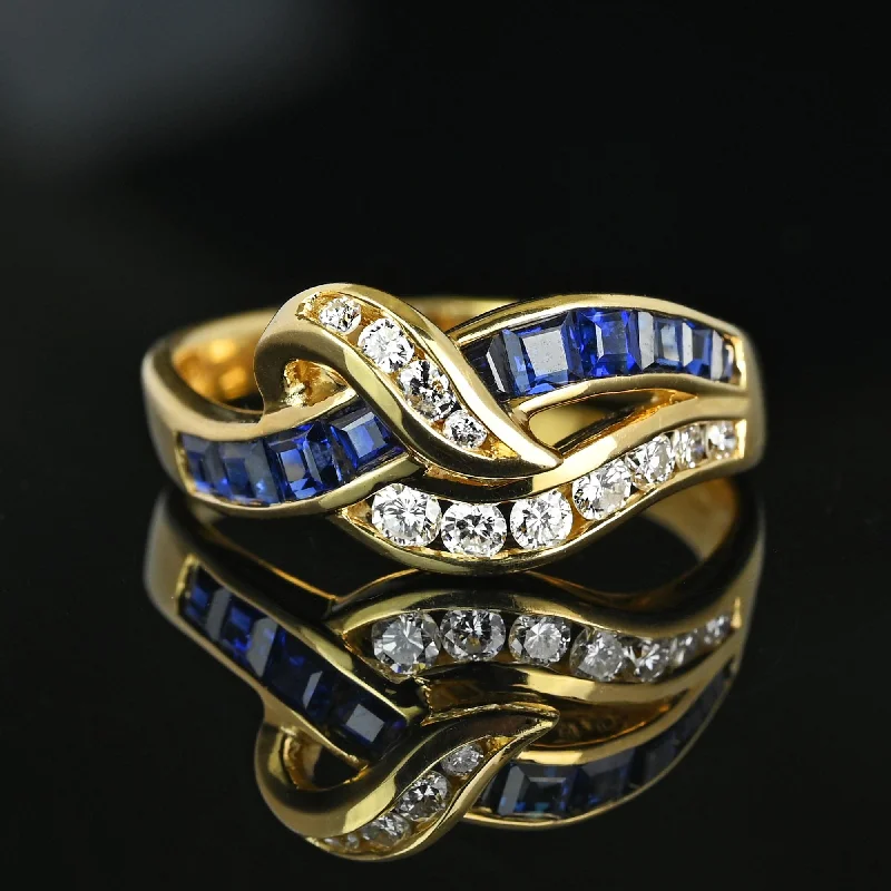 Mixed metal rings-Mixed metal rings-Vintage 14K Gold Ribbon Style Diamond Sapphire Ring