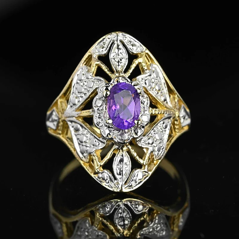 Petal carved rings-Petal carved rings-10K White & Yellow Gold Floral Panel Amethyst Ring