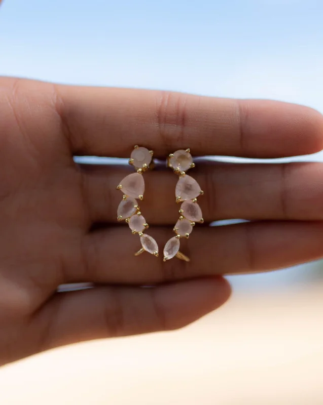 Fluid art earrings-Rose Quartz Ear Climber Earrings ~ 18k Gold Plated ~ ME174