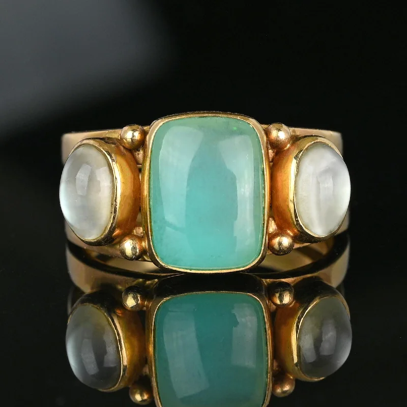 Clear quartz rings-Clear quartz rings-14K Gold Green Chrysoprase Cabochon Moonstone Ring