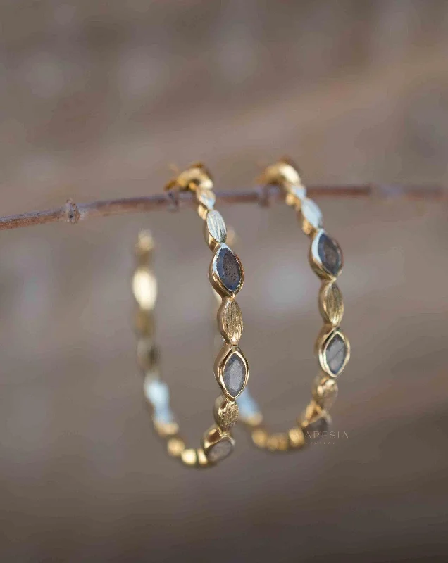 Flat gem earrings-Labradorite Hoop Earrings ~ 18k Gold Plated Earrings ~ ME207