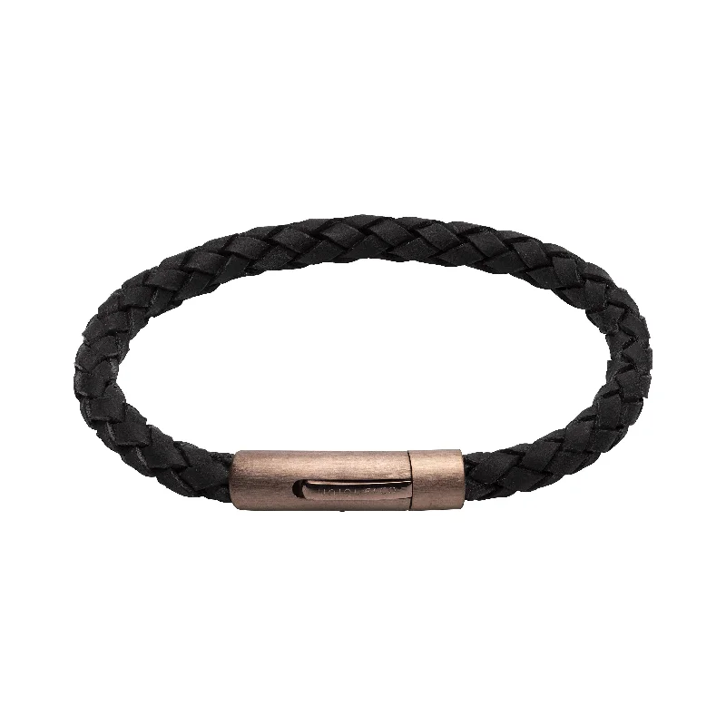 Unique & Co Matt Rose Gold Stainless Steel Clasp Black Leather Bracelet