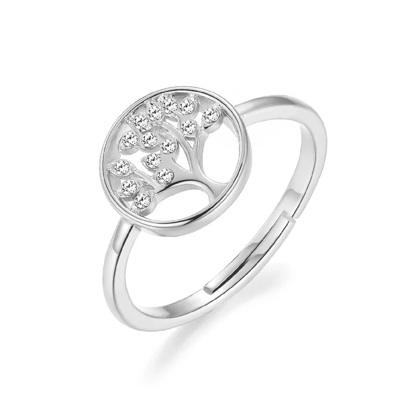 Fiber edge rings-Fiber edge rings-Silver Plated Tree of Life Ring Created with Zircondia® Crystals