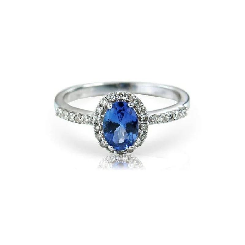 9ct White Gold Oval Cut Tanzanite & Diamond Halo Cluster Ring with Diamond Shoulders