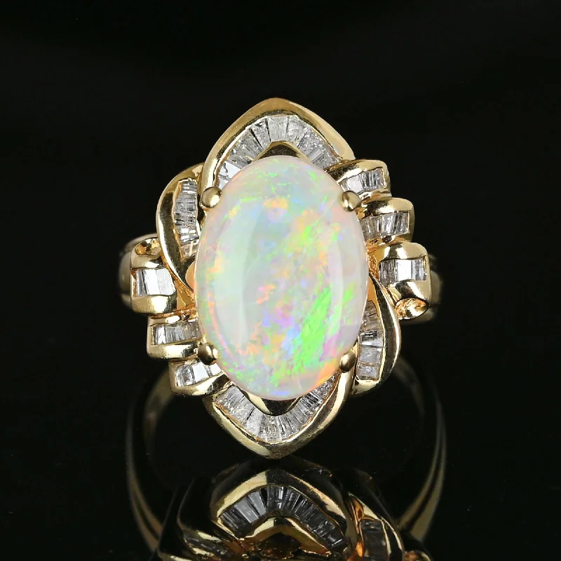 Vintage 14K Gold Baguette Diamond Opal Cocktail Ring