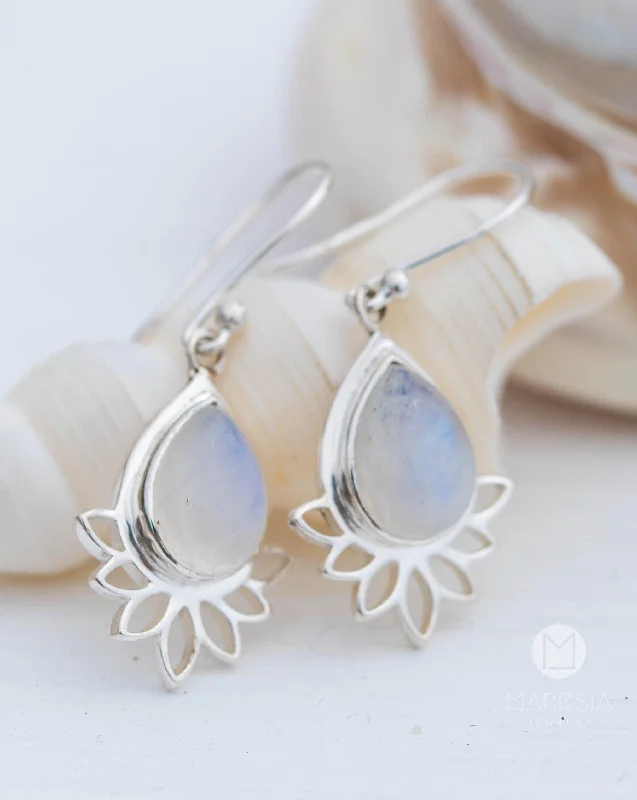 Radiant pearl earrings-Lotus flower Turquoise or Moonstone Earrings ~  Sterling Silver 925 ~ ME155A