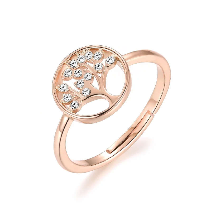 Fine dot rings-Fine dot rings-Rose Gold Plated Adjustable Tree of Life Ring Created with Zircondia® Crystals