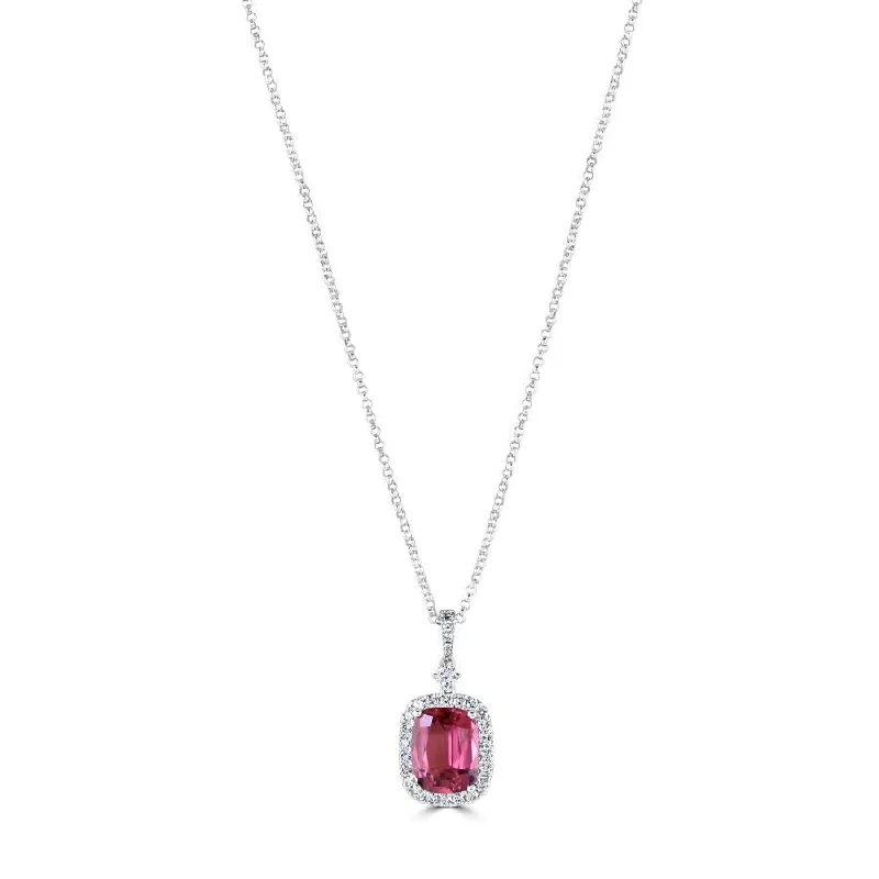 18ct White Gold Pink Tourmaline & Diamond Halo Cluster Pendant