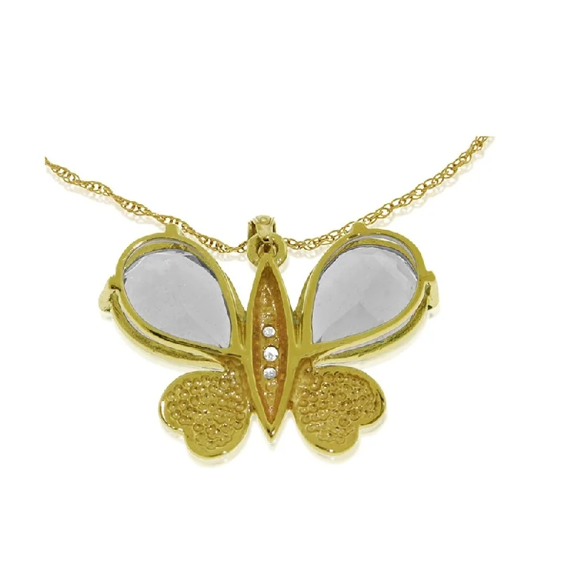 Vibrant enamel necklaces-14K Solid Gold Batterfly Necklace with Natural Diamonds & White Topaz