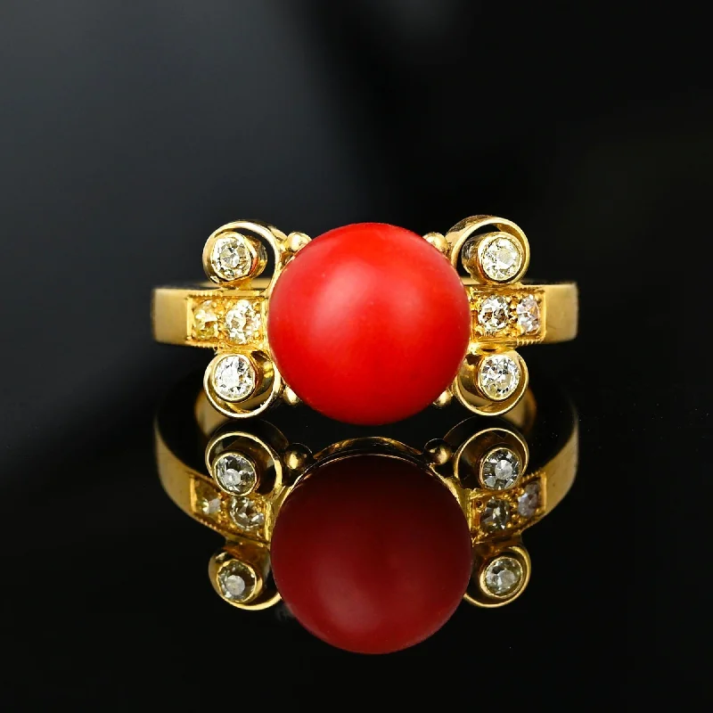 Astro birthstone rings-Astro birthstone rings-18K Gold Diamond Large Red Orange Mediterranean Coral Ring