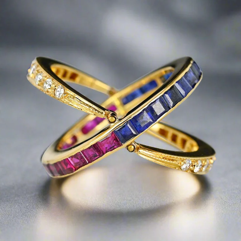 Thin frame rings-Thin frame rings-Art Deco 18K Gold Diamond Sapphire Ruby Flip Ring