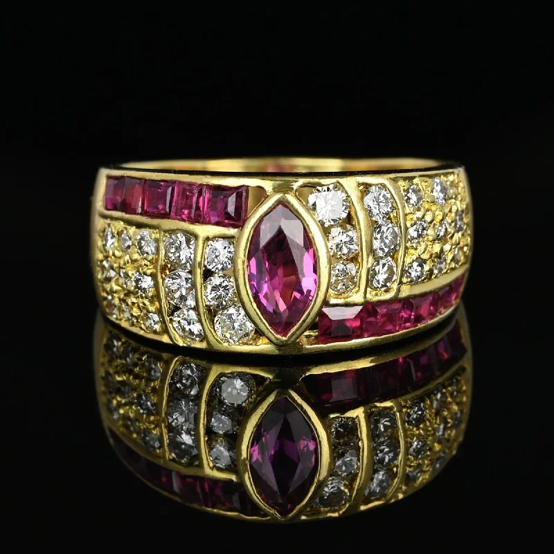 Surf design rings-Surf design rings-Wide 18K Gold Diamond Marquise Ruby Ring Band