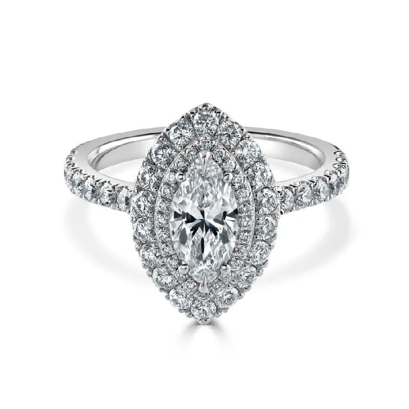 Platinum Marquise-Shaped Diamond Double Halo Cluster Ring with Diamond Shoulders