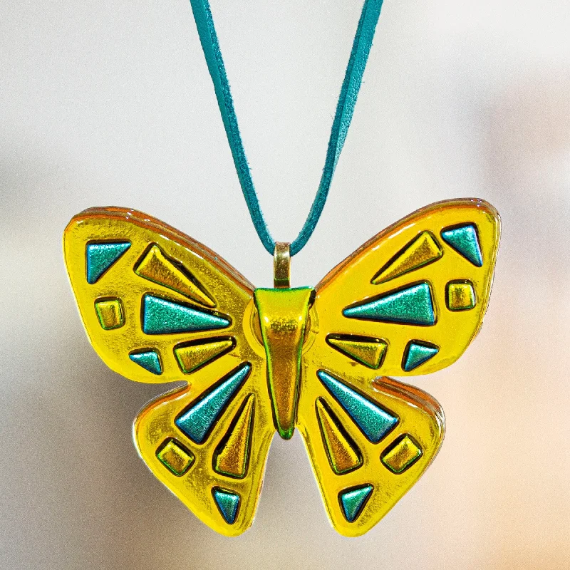 Carved name necklaces-Novica Handmade Sunny Butterfly Fused Glass Pendant Necklace