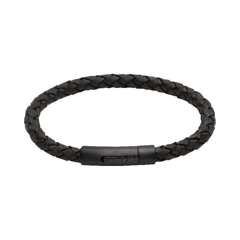 Unique & Co Matt Black Stainless Steel Clasp Antique Black Leather Bracelet