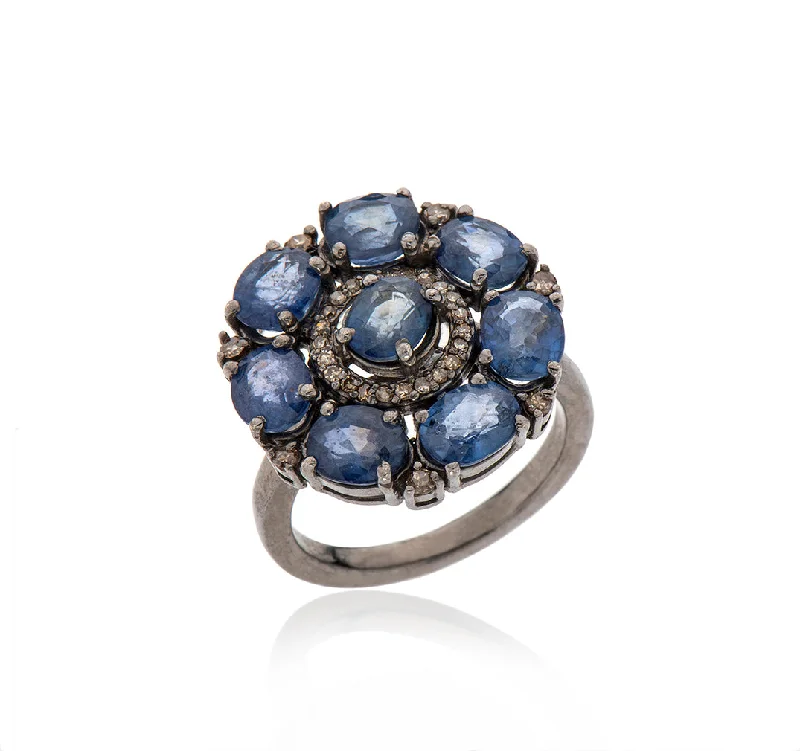 Dove feather rings-Dove feather rings-Nava Zahavi Silver Sapphire Diamonds Blossom Floral Ring