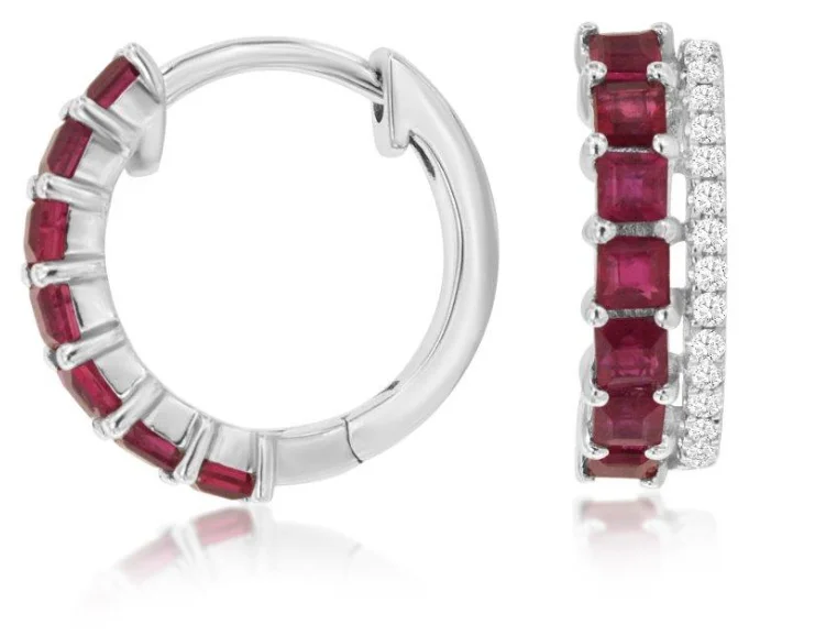 Wave drop earrings-14k white gold ruby and diamond hinged hoop earrings