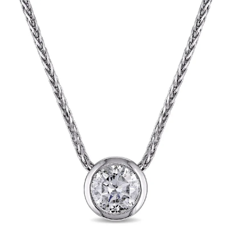 Bead-twisted necklaces-Miadora Signature Collection 14k White Gold 1ct TDW Diamond Solitaire Bezel-Set Necklace