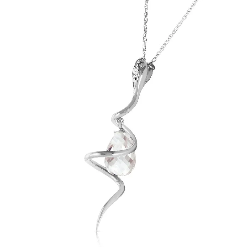 Thin-line necklaces-14K Solid White Gold Snake Necklace with Dangling Briolette White Topaz & Diamond