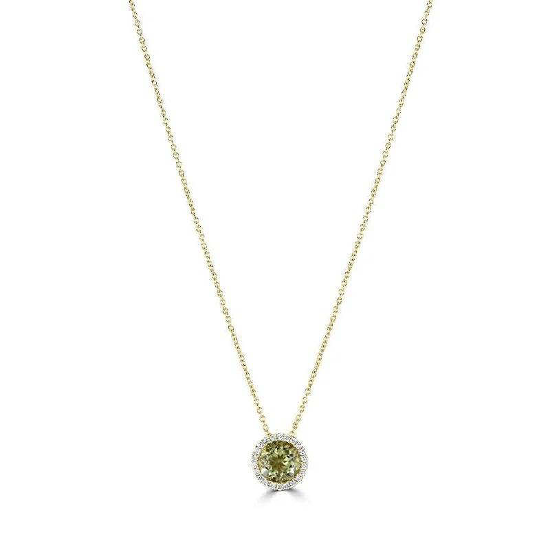 18ct Yellow Gold Round Lemon Quartz & Diamond Halo Cluster Pendant