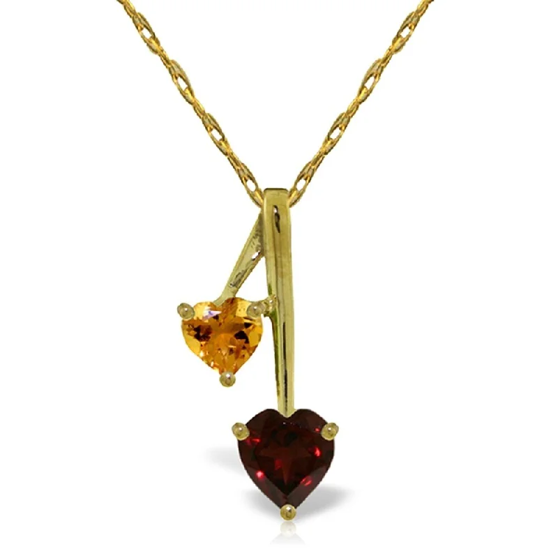 Hemp cord necklaces-1.4 Carat 14K Gold Hearts Necklace Natural Garnet Citrine