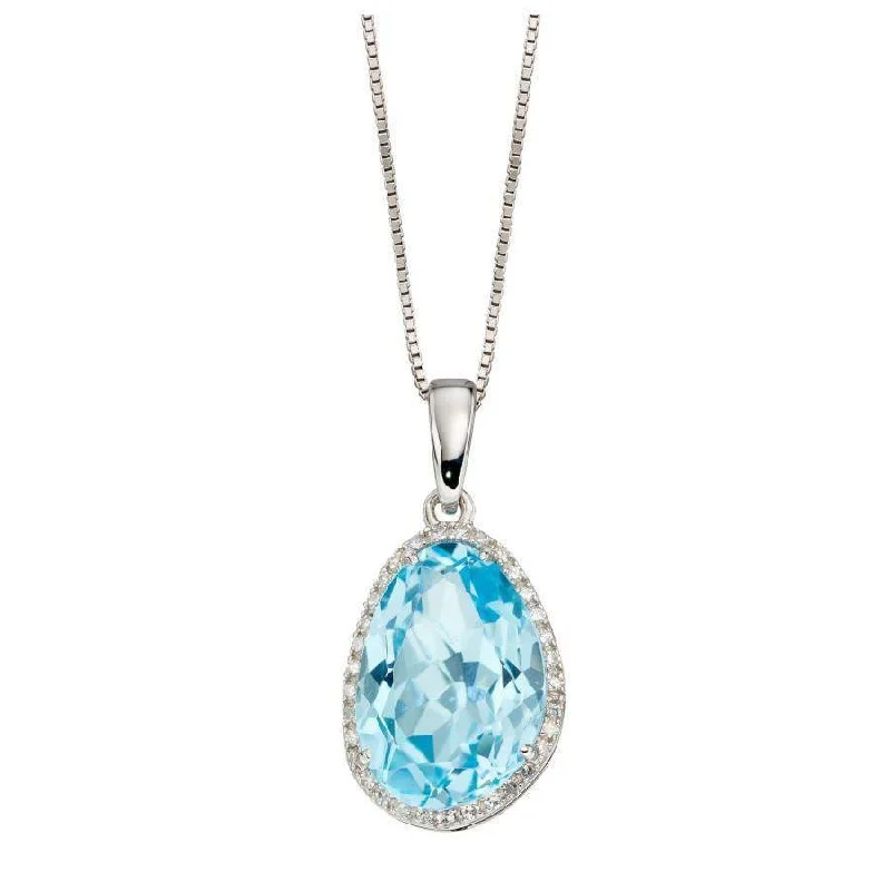 9ct White Gold Irregular Cut Blue Topaz & Diamond Halo Cluster Pendant