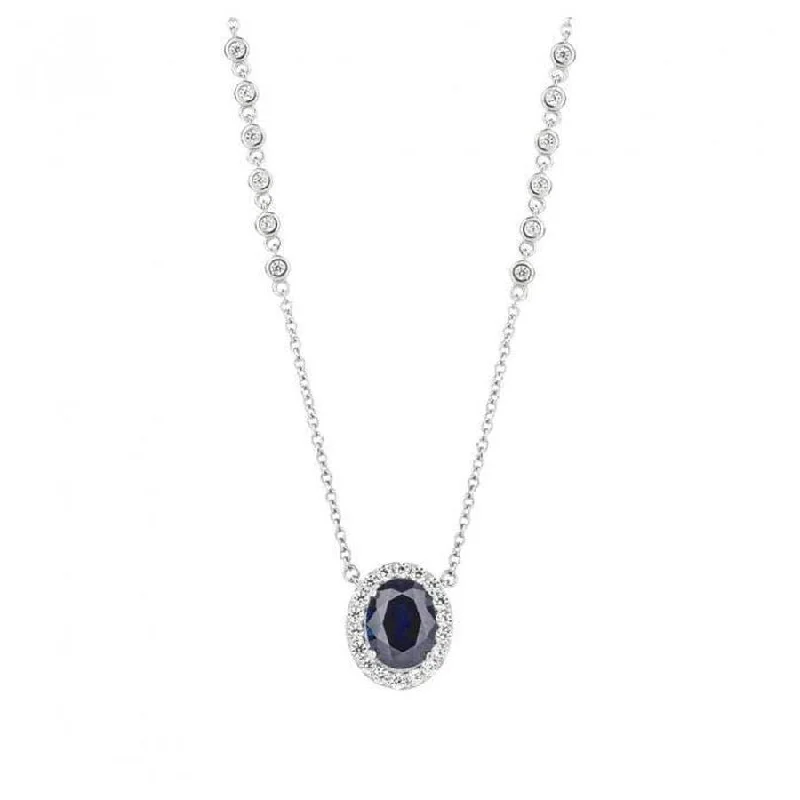 Silver Oval Blue & White Cubic Zirconia Halo Cluster Pendant