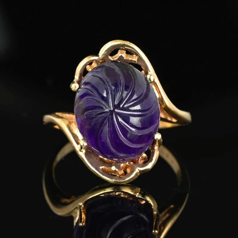 Leaf design rings-Leaf design rings-Final Payment Fancy Cut Carved Amethyst Cabochon Ring in Gold