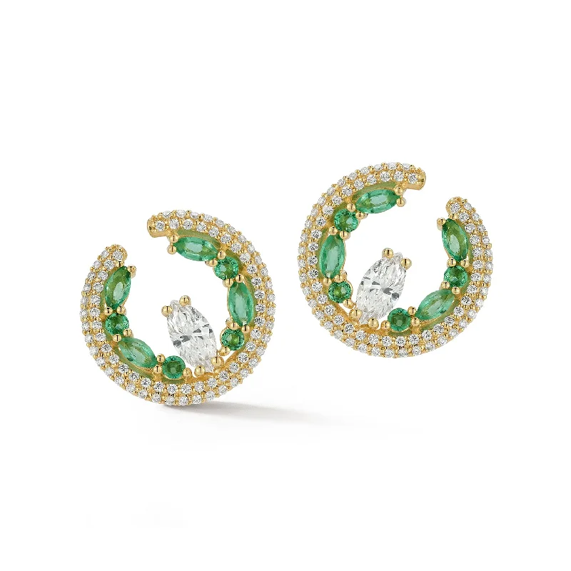 Large hoop earrings-Diamond and Emerald Crested Wave Hoops