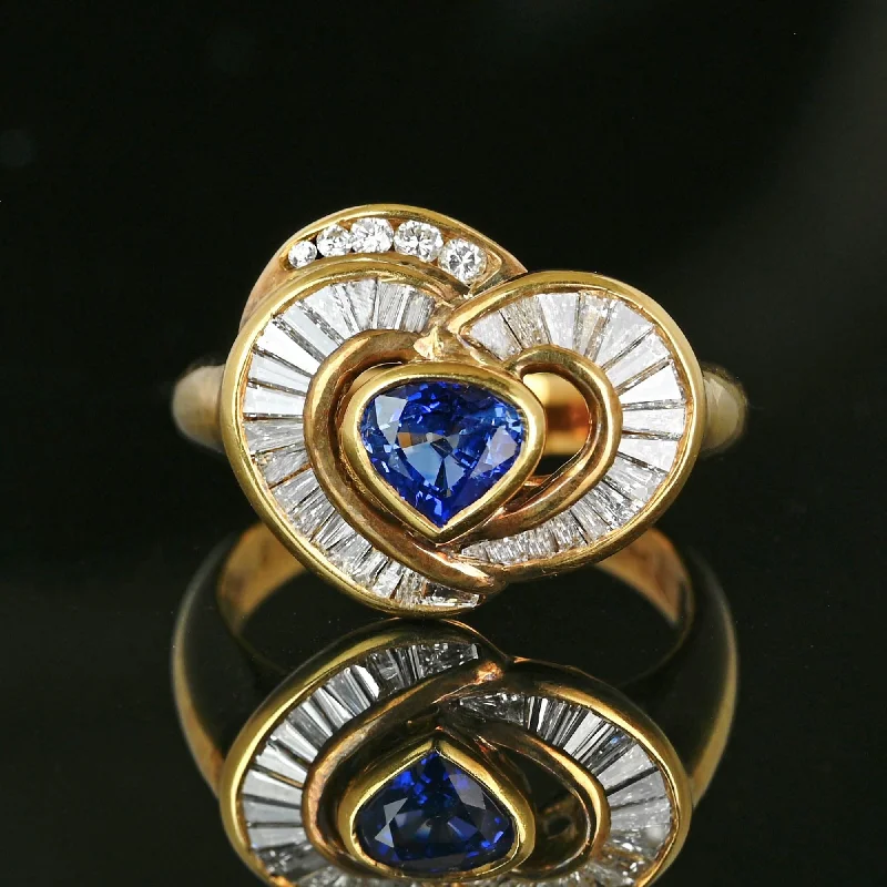 Leaf design rings-Leaf design rings-18K Gold Baguette Diamond Heart Ceylon Sapphire Ring