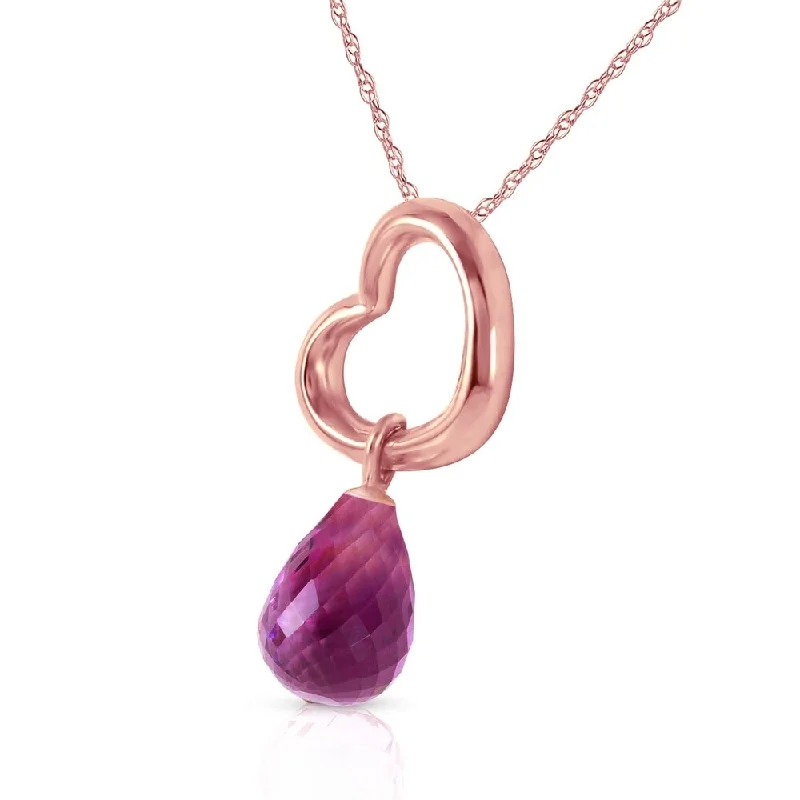 Stamped initial necklaces-14K Solid Rose Gold Heart Necklace with Dangling Natural Amethyst