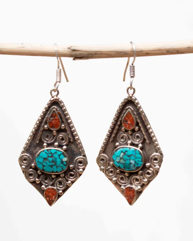 Wide tier earrings-Amanda Turquoise Tibetan Earrings ~ German Silver ~ SME051