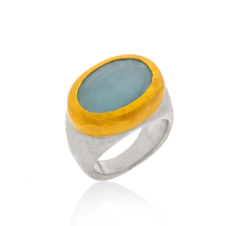 Cord edge rings-Cord edge rings-Nava Zahavi Yellow Gold Aquamarine Oval Ring