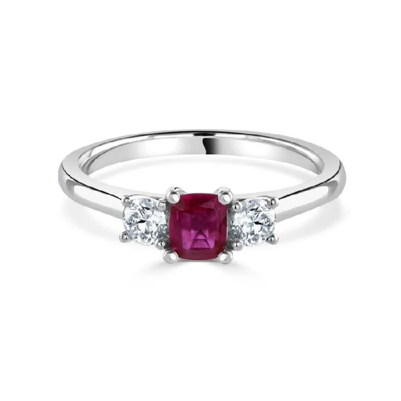 Platinum Cushion Cut Pink Sapphire & Round Brilliant Cut Diamond Trilogy Ring