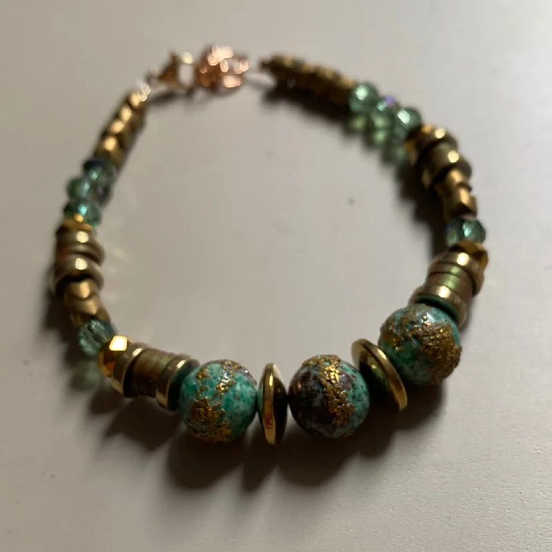 MRLB13 - Natural Chrysocolla, 24k gold plated brass, Gold plated Hematite, Clay, Glass